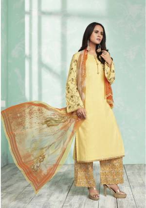 Light Color Gives An Elegant Look To Your Personality, So Grab This Pretty Suit In Light Yellow Colored Top Paired With Multi Colored Bottom And Dupatta. Its Top And Bottom Are Fabricated On Cotton Paired With Chiffon Dupatta. Buy This Lovely Suit Now.