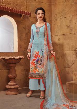 Look Pretty In this Lovely Light Blue Shade, Its Top, Bottom And Dupatta Are In Light Blue Color All Over. Its Top And Bottom Are Fabricated On Satin Paired With Chiffon Dupatta. It Has Contrasting Prints And Embroidery All Over. Buy It Now.