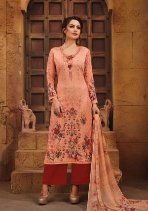 Add This Lovely Colored Suit To Your Wardrobe In Peach Colored Top Paired With Maroon Colored Bottom And Peach Colored Dupatta. Its Top And Bottom Are Fabricated On Satin Paired With Chiffon Dupatta. It Is Beautified With Prints And Thread Work.
