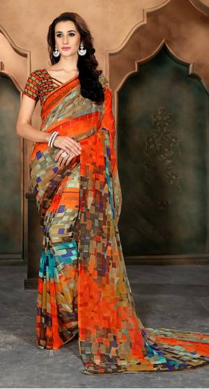Go Colorful With This Multi Colored Saree Paired With Orange And Beige Colored Chekred Blouse. This Saree And Blouse Are Fabricated On Chiffon Beautified With Prints All Over It. Buy This Casual Wear Saree Now.