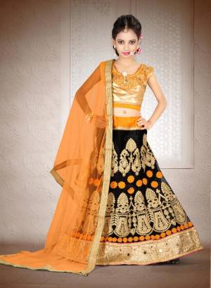 Get Ready For The Upcoming Festive And Wedding Season With This Designer Kids Lehenga Choli In Golden colored Blouse Paired With Black Colored Lehenga And Orange colored Dupatta. Its Blouse Is Fabricated On Art Silk Paired With Net Fabricated Lehenga And Dupatta. 