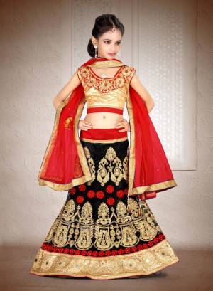 Here Is A Beautiful Designer Lehenga Choli For Your Child In Golden Colored Blouse Paired With Black Colored Lehenga And Red Colored Dupatta. Its Blouse Is Fabricated On Art Silk Paired With Net Fabricated Lehenga And Dupatta. It Has Beautiful Embroidery All Over The Lehenga And Blouse. 
