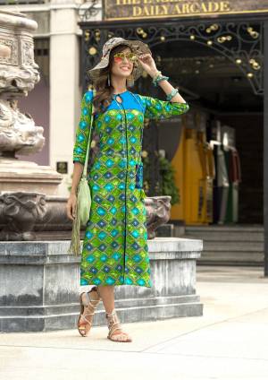 Unlock the secret of ultimate comfort wearing this green coloured printed kurti. Made from rayon, this kurta is light in weight and perfect for daily wear. This attractive kurta will surely fetch you compliments for your rich sense of style.