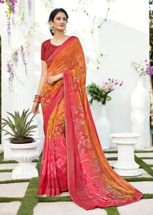 Shine Bright Wearing This Saree In Oramge And Pink Color Paired With Red Colored Blouse. This Saree And Blouse Are Fabricated On Georgette Beautified With Prints All Over It.