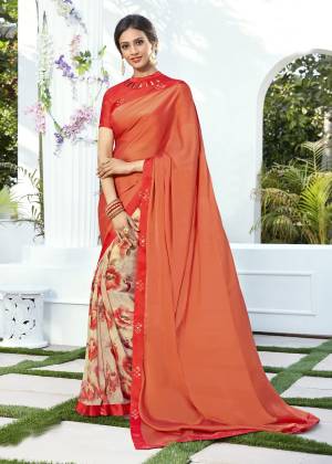 Here Is A Beautiful Rich Looking Saree In Orange And Beige Color Paired With Orange Colored Blouse. This Saree Is Fabricated On Georgette And Chiffon Paired With Satin Fabricated Blouse. Buy Now.