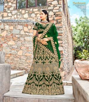 Add This New Color In Lehenga Choli To Your Wardrobe With This Heavy Designer Lehenga Choli In Pine Green Color Paired With Green Colored Dupatta. Its Blouse And Lehenga Are Fabricated On Velvet Paired With Net Fabricated Dupatta. It Is Beautified With Heavy Embroidery All Over It. Buy It Now.