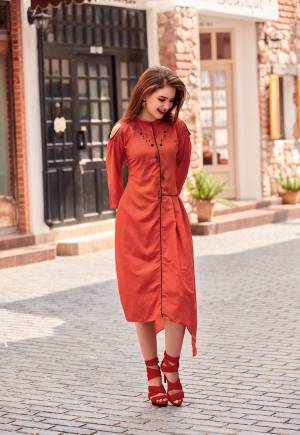 For A Trendy Look, Grab This Designer Readymade Kurti In Rust Orange Color Fabricated On Soft Silk This Kurti Has Cold Shoulder Pattern Which Is In Great Run And In Demand. Buy This Trendy Kurti Now,