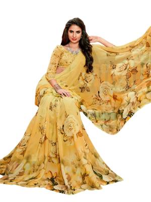 Yellow Is The Color That Suits Every Personality, Grab This Saree In Yellow Color Paired With Yellow Colored Blouse. This Saree And Blouse Are Fabricated On Georgette Beautified With Bold Floral Prints All Over It. Buy This Saree Now.
