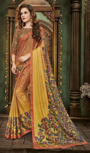 Celebrate This Festive Season with Beauty And Comfort Wearing This Saree In Musturd Yellow And Multi Color Paired With Multi Colored Blouse. This Saree And Blouse Are Fabricated On Cotton Silk Beautified With Prints All Over. 