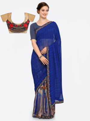 Shine Bright Wearing This Saree In Royal Blue Color Paured With Beige Colored Blouse. This Saree Is Fabricated On Georgette Paired With art silk Fabricated Blouse. It Is Beautified With Prints And Embroidery Over The Saree And Blouse. 