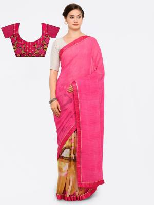Look Pretty wearing This Pink And Beige Colored Saree Paired With Dark Pink Colored Blouse. This Saree Is Fabricated On Georgette Paired With Art Silk Fabricated Blouse. It Has Prints Over The Saree And Embroidered Blouse.