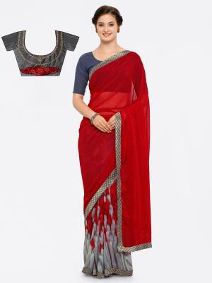 Get Ready For The Next Party At your Place With This Designer Saree In Red And Grey Color Paired With Dark Grey Colored Blouse. This Saree Is Fabricated On Georgette Paired With Art Silk Fabricated Blouse. Its Color And Fabrics Will Earn You Lots Of Compliments From Onlookers.