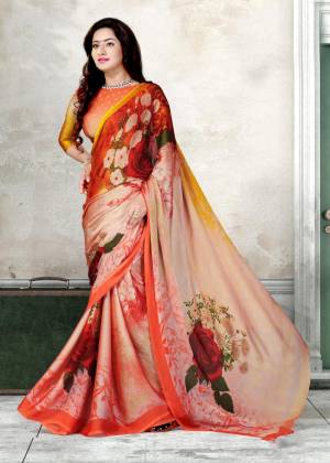 If You Are Into Florals Than Grab This Attractive Looking Saree In Multi Color Paired With Orange Colored Blouse. This Saree And Blouse Are Fabricated On Chiffon Beautified With Bold Floral Prints. It Is Easy To Drape And Carry All Day Long.