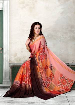 Look Pretty In This Lovely Peach Colored Saree Paired With Peach Colored Blouse. This Saree and Blouse Are Fabricated On Chiffon Beautified With Multiple Prints All Over It. This Saree Is Light Weight And Easy To Carry All Day Long.
