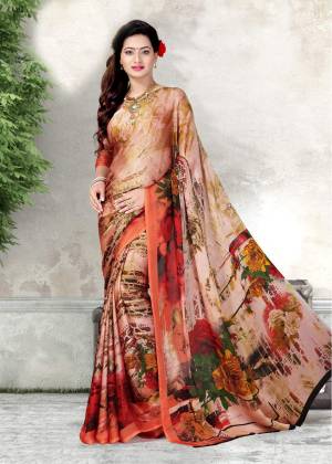 Add Some Casuals To Your Wardrobe With This Pretty Saree In Beige And Multi Color Paired With Beige Colored Blouse. This Saree And Blouse Are Fabricated On Chiffon Beautified With Prints All Over It. Its Fabric Ensures Superb Comfort And Also It Is Easy To carry all day Long.