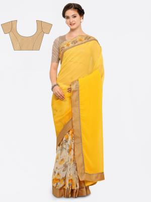 Celebrate This Festive Season With Attractive And Beautiful Colors With This Saree In Yellow And Off-White Color Paired With Golden Colored Blouse. This Saree Is Fabricated On Georgette Paired With Gota Fabricated Blouse. Its Pretty Floral Prints and Embroidery Will Give A Unique Look To Your Personality.
