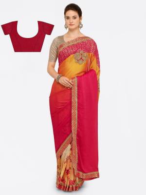Get Ready For The Upcoming Festive Season With This Saree In Shaded Yellow And Red Color Paired With Red Colored Blouse. This Saree Is Fabricated On Satin And Georgette Paired With Art Silk Fabricated Blouse. This Attractive Saree Will Definitely Earn You Lots Of Compliments From Onlookers.
