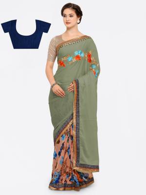 New And Unqiue Colored Saree Is Here Grab This Designer Saree In Olive Green And Peach Color Paired With Golden Colored Blouse. This Saree Is Fabricated On Satin And Georgette Paired With Gota Fabricated Blouse. Its Beautiful Color Will Earn You Lots Of Compliments From Onlookers. buy It Now.