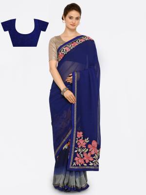 For An Elegant Look Grab This Saree In Navy Blue Color Paired With Navy Blue Colored Blouse. This Saree Is Fabricated On Georgette Paired With Art Silk Fabricated Blouse. It Is Beautified With Prints And Embroidery Making The Saree Attractive.