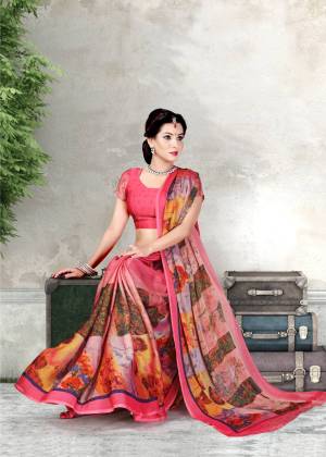 Look Pretty In This Pink Colored Saree Paired With Pink Colored Blouse. This Saree And Blouse Are Fabricated On Chiffon Beautified With Prints All Over It. 