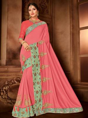 Flaunt a new ethnic look wearing this pink color silk fabrics saree. Ideal for party, festive & social gatherings. this gorgeous saree featuring a beautiful mix of designs. Its attractive color and designer embroidered design, patch design, stone, moti, designer blouse, beautiful floral design work over the attire & contrast hemline adds to the look. Comes along with a contrast unstitched blouse.