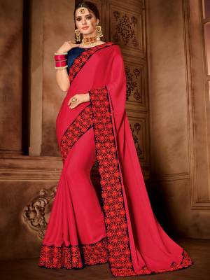 Ptresenting This Dark Pink color satin silk saree. Ideal for party, festive & social gatherings. this gorgeous saree featuring a beautiful mix of designs. Its attractive color and designer embroidered design, patch design, stone, moti, heavy designer blouse, beautiful floral design work over the attire & contrast hemline adds to the look. Comes along with a contrast unstitched blouse.