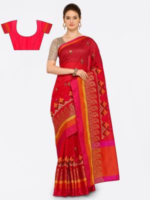 Adorn The Pretty Angelic Look Wearing This Saree In Red Color Paired With Red Colored Blouse. This Saree And Blouse are Fabricated On Cotton Art Silk Beautified With Floral Embroidery. Buy this Saree Now.
