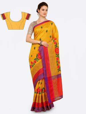 Celebrate This Festive Season Wearing This Saree In Yellow Color Paired With Yelow Colored Blouse. This Saree And Blouse Are Fabricated On Cotton Art Silk Beautified With Thread And Jari Work. This Saree Is Durable and Easy To Care For.