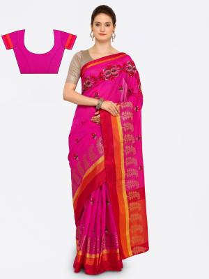 Attract All Wearing This Attractive Colored Saree In Rani Pink Color Paired With Rani Pink Colored Blouse. This Saree And Blouse Are Fabricated On Cotton Art Silk Beautified With Thread And Jari Embroidery With Stone Work. Buy Now.