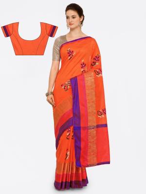 Shine Bright With This Very Attractive Orange Colored Saree Paired With Orange Colored Blouse. This Saree And Blouse Are Fabricated On Cotton Art Silk Which Ensures Superb Comfort And Also It Is Suitable For Festive Wear Or Any Social Gathering.