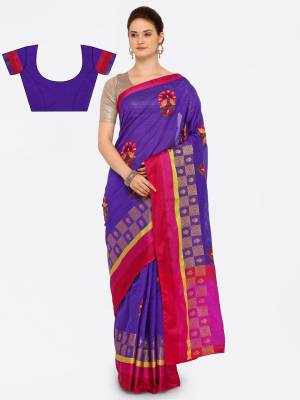 Add This New Shade To Your Wardrobe With This Saree In Violet Color Paired With Violet Colored Blouse. This Saree And Blouse Are Fabricated On Cotton Art Silk Beautified With Embroidery Over It. Buy This Saree Now.