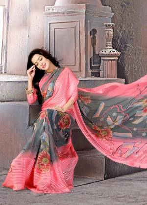 Beautiful Combination Is Here With this Pretty Saree In Pink And Grey Color Paired With Pink Colored Blouse. This Saree and Blouse Are Fabricated On Satin Silk Beautified With Prints All Over. Its Fabric Ensures Superb Comfort All day Long.
