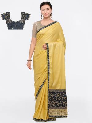 Yellow Color Induces Perfect Summery Appeal To Any Outfit. So Grab This Saree In Yellow Color Paired With Contrasting Blue Colored Blouse. This Saree Is Fabricated On Silk Paired With Art Silk Fabricated Blouse. This Designer Saree Has Pretty Embroidery Over The Blouse And Saree Pallu. 