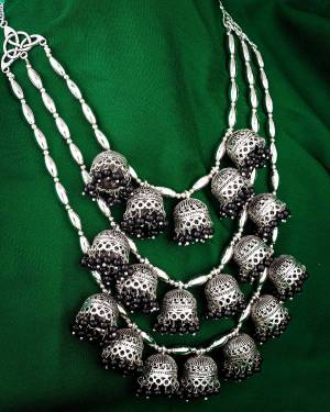 New And Unique Styled Three Layered Necklace Is Here In Silver Color With Multiple Jhumka Hangings All Over It. Buy This Lovely Nacklace Now. 