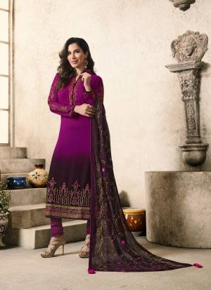 Attract All With This Designer Embroidered Straight Cut Suit In Magenta Pink And Wine Color Paired With Magenta Pink Colored Bottom And Wine Colored Dupattta. Its Top Is Fabricated On Georgette Paired With Santoon Bottom And Chiffon Dupatta. Its Top And Dupatta Are Beautified With Heavy Embroidery With Jari And Resham. Buy Now.