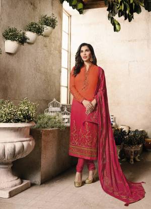 Shine Bright Wearing This Designer Straight Cut Suit In Orange And Pink Color Paired With Pink Colored Bottom And Dupatta. Its Top Is Fabricated On Georgette Paired With Santoon Bottom And Chiffon Dupatta, Its All Three Fabrics Ensures Superb Comfort All Day Long. Buy Now.