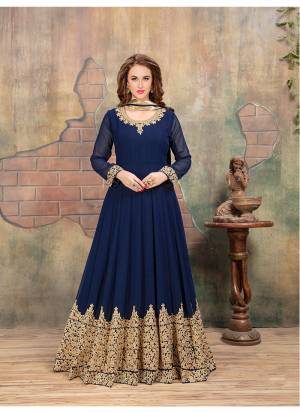 Bright And Visually Appealing Color Is Here With Designer Floor Length Suit In Royal Blue Colored Top Paired With Royal Blue Colored Bottom And Dupatta. Its Top Is Fabricated On Georgette Paired With Santoon Bottom And Chiffon Dupatta. Its All Three Fabrics Ensures Superb Comfort All Day Long. Buy Now.