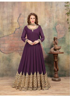 A Must Have Shade In Every Womens Wardrobe Is Here With This Designer Floor Length Suit In Purple Colored Top Paired With Purple Colored Bottom And Dupatta. Its Top Is Fabricated On Georgette Paired With Santoon Bottom And Chiffon Dupatta. It Is Light Weight And Easy To Carry Throughout The Gala. Buy Now.