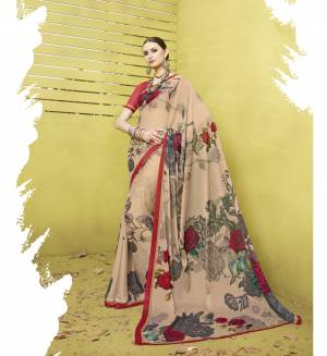 You Will Definitely Earn Lots Of Compliments Wearing This Pretty Saree In Beige Color Paired With Red Colored Blouse. This Saree And Blouse Are Fabricated On Cotton Silk Beautified With Contrasting Colored Bold Floral Prints. Buy This Saree Now.