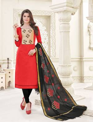 Here Is A Beautiful Evergreen Combination With This Dress Material In Red Colored Top Paired With Black Colored Bottom And Dupatta. Its Top And Bottom Are Fabricated On Cotton Paired With Banarasi Art Silk Dupatta. This Suit Is Light In Weight And Easy To Carry All Day Long. Buy Now.