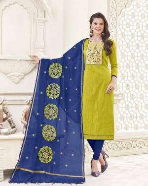You Will Definitely Earn Lots Of Compliments For This Lovely Combination In Green Colored Top Paired With Contrasting Blue Colored Bottom And Dupatta. This Dress Material Is Fabricated On Cotton Paired With Banarasi Art Silk Dupatta. Its Fabrics Ensures Superb Comfort All Day Long. Buy Now.
