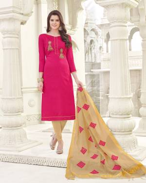 Look Attractive Wearing This Suit In Dark Pink Colored Top Paired With Beige Colored Bottom And Dupatta. Its Top And Bottom Are Fabricated On Cotton Paired With Banarasi Art Silk Dupatta. This Suit Is Light In Weight And Easy To Carry All Day Long.