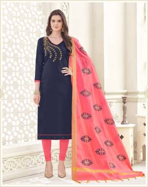 Enhance Your Personality Wearing This Dress Material In Navy Blue Colored Top Paired With Contratsing Pink Colored Bottom And Dupatta. Its Top And Bottom Are Fabricated On Cotton Paired With Banarasi Art Silk Dupatta. Buy This Dress Material Now.