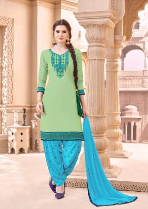 Look Pretty In This Patiyala Suit In Light Green Colored Top Paired With Contrasting Tuquoise Blue Colored Bottom And Dupatta. Its Top And Bottom Are Fabricated On Cotton Paired With Chiffon Dupatta. Get This Dress Material Stitched As Per Your Desired Fit And Comfort.