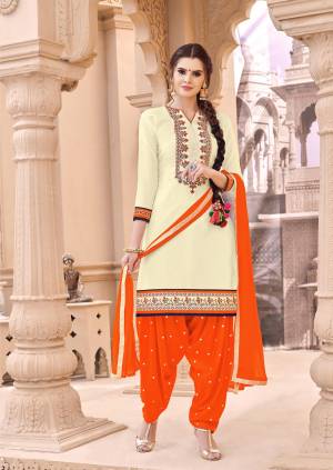Simple And Elegant Looking Dress Material Is Here In Off-White Colored Top Paired With Orange Colored Bottom And Dupatta. Its Top And Bottom Are Fabricated On Cotton Paired With Chiffon Dupatta. It Is Light In Weight And Easy To Carry All Day Long.