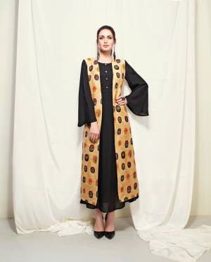 For A Bold And Beautiful Look, Grab This Designer Readymade Kurti In Black Color Paired With Beige Colored Jacket Beautified With Prints All Over It. Buy This Readymade Kurti Now.