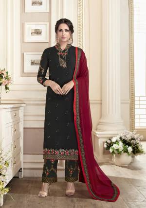 For A Bold And Beautiful Look, Grab This Semi-Stitched Suit In Black Colored Top Paired With Black Colored Bottom And Maroon Colored Dupatta. Its Top Is Fabricated On Georgette Paired With Santoon Bottom And Chiffon Dupatta. 