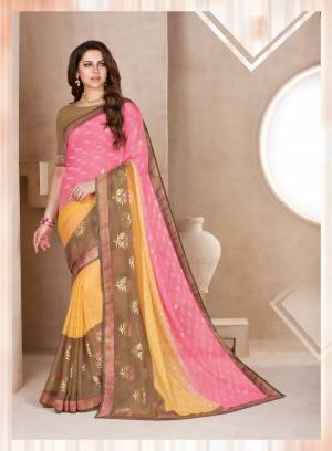 Look Pretty Wearing This Saree In Pink And Light Brown Color Paired With Light Brown Colored Blouse. This Saree Is Fabricated On Chiffon Brasso Paired With Art Silk Fabricated Blouse. It Is Light In Weight And Easy To Carry All Day Long.
