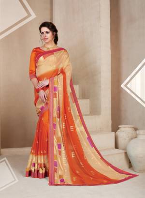 Celebrate This Festive Season With Beauty And Comfort Wearing This Saree In Beige And Orange Color Paired With Orange Colored Blouse. This Saree Is Fabricated On Chiffon Brasso Paired With Art Silk Fabricated Blouse. Buy This Saree Now.