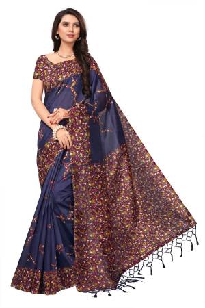 Enhance Your Personality Wearing This Silk Saree In Navy Blue Color Paired With Contrasting Magenta Pink Colored Blouse. This Saree And Blouse Are Fabricated On Kashmiri Art Silk Beautified With Small Floral Prints. It Is Light Weight, Durable And Easy To Care For.